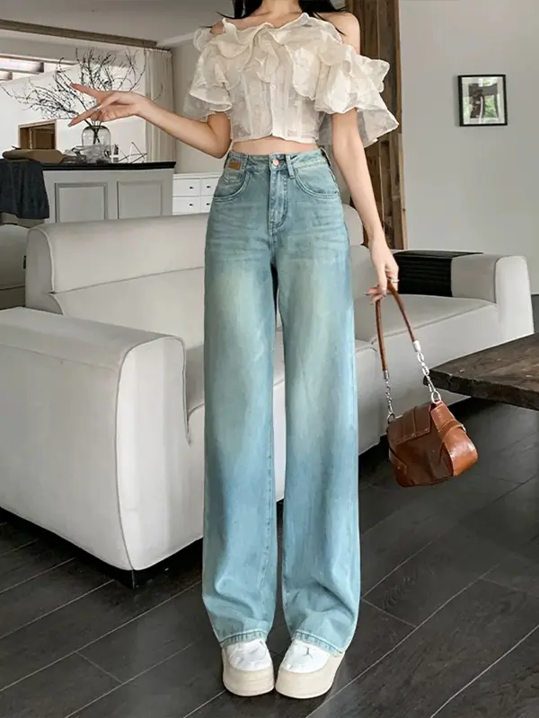HAZO JEANS-Cargo Jeans Khaki baru versi Highwaist Loose Celana Jeans Wanita Korea Muda Panjang Retro Straight 2