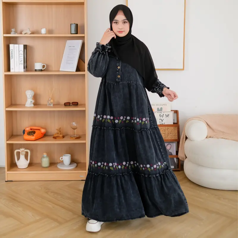 SALMA DRESS Gamis Lebaran Terbaru 2025 Bahan Jeans Premium Import Busui Friendly Bordir Muslim Panjang Wanita Motif Nyaman Maxi Fit 4