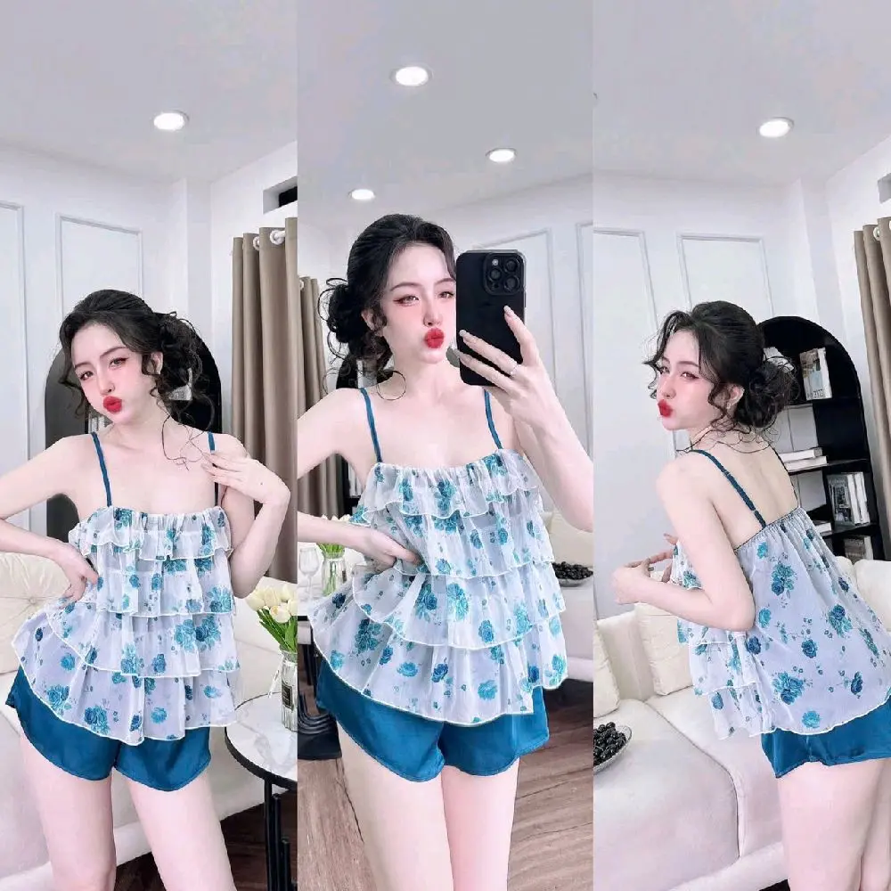 40_60kg, bộ đồ ngủ áo dây tầng 2 lớp, quần đùi latin có túi quần, ( lớp lót trong latin) có dây điều chỉnh [ loại đẹp]