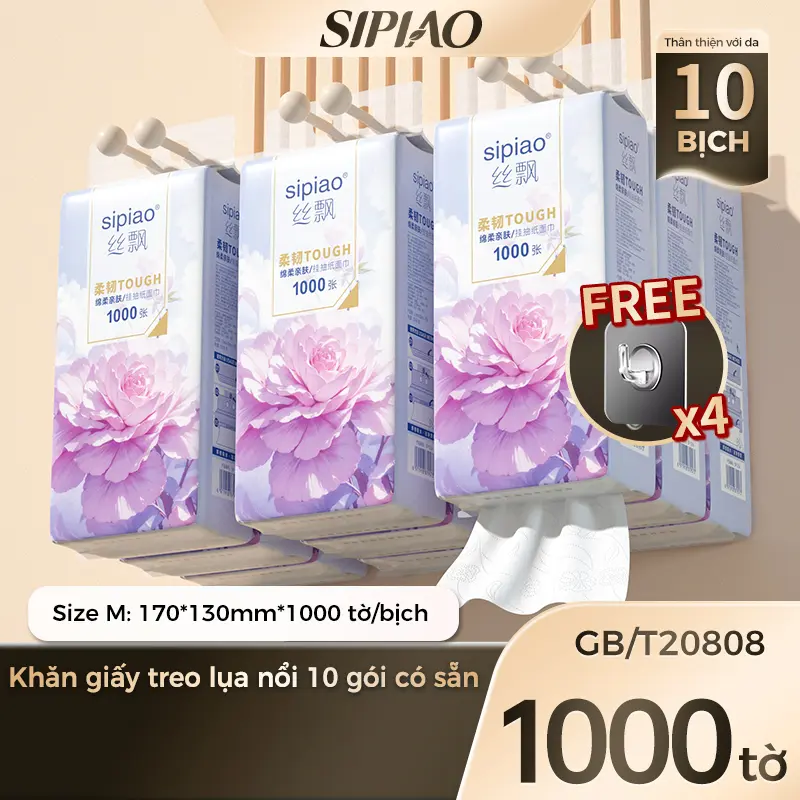 Combo 10 Bịch Khăn Giấy Sipiao Tissue 5 Lớp Mềm Mại Và Thoải Mái 1000 Tờ 170 * 130Mm Giấy Vệ Sinh Le Tissue(Tặng 4 Móc Treo Tiện Lợi)