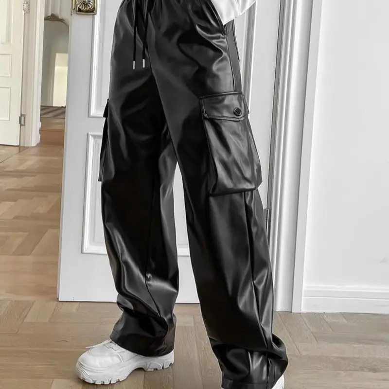 Cargo pants leather PU High waist Celana Cargo Semikulit Fleksibel pinggang Karet 2