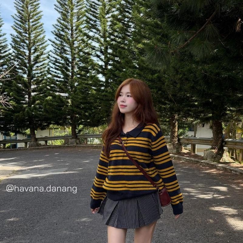   HÀNG QC LOẠI 1  Áo sweater len cổ bẻ phối cúc kẻ sọc ngang thu đông HAVANA LEN279 
