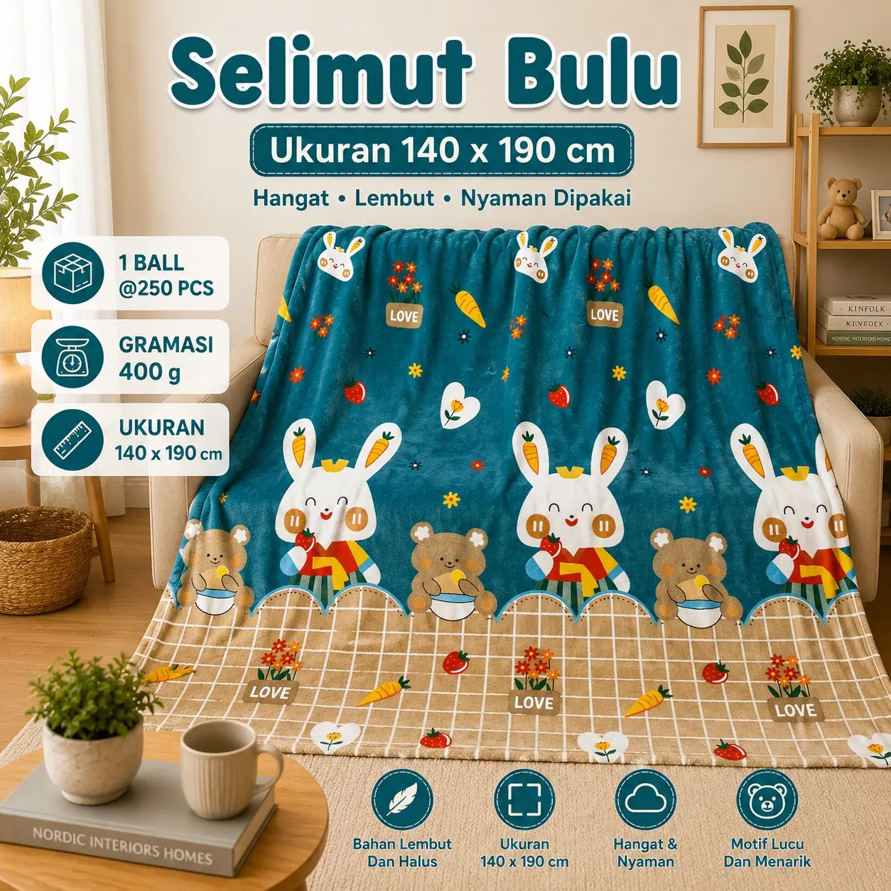Selimut Bulu Super Lembut 140x190cm Gramasi 400gr Selimut Tidur Anak Dewasa Motif Karakter Aesthetic Warm Soft Blanket