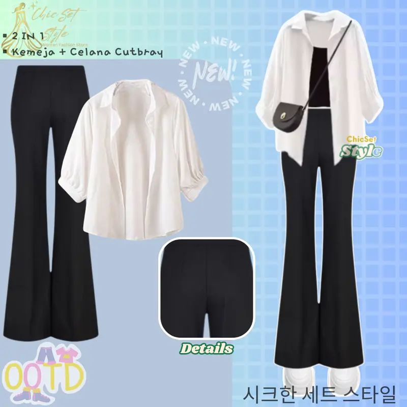 Outfit Wanita Kekinian 3in1 One Set Korean Style (Blouse Kemeja Tangtop Celana Cutbray) CS037 Setelan Cewek Baju Kondangan Atasan Katun Kerja Bawahan Gombrong Panjang Hitam Casual Remaja Dewasa 1