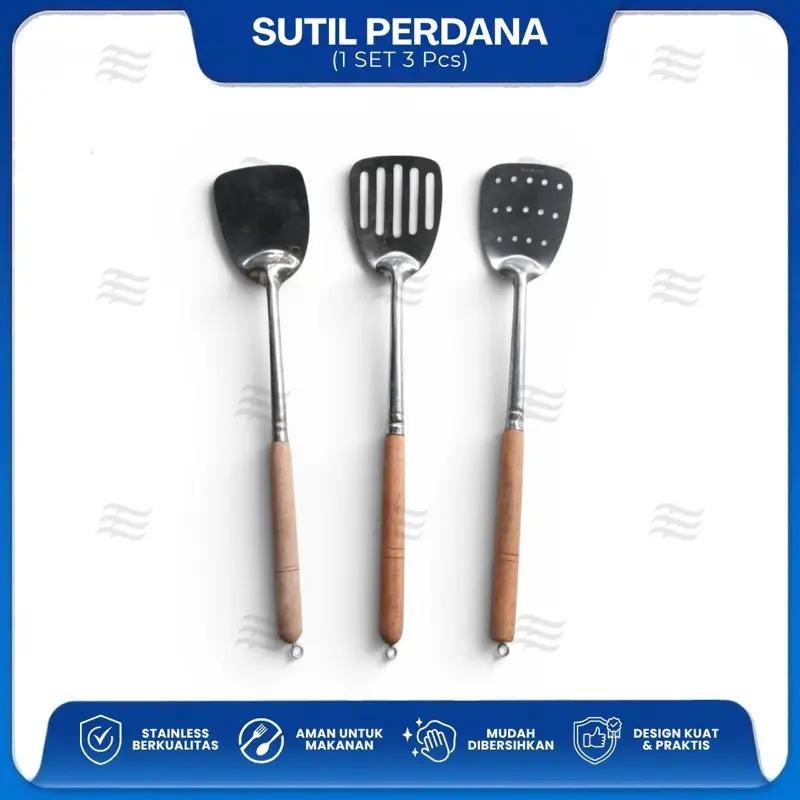[1 Set 3pcs] Sutil Perdana Stainless Steel Gagang Kayu / Sotil Tanggung / Spatula Dapur Anti Karat / Sodet Stainless Gagang Kayu / Kitchenware