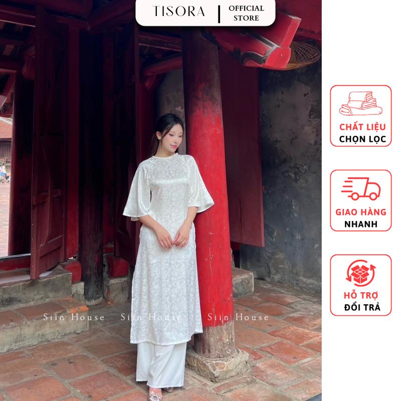 Sét áo dài cách tân gấm hoa dáng suông đính nơ 3 màu: Trắng, Tím, Hồng mặc Tết, đi lễ, đi chùa, đi tiệc, chụp ảnh+ Quần lụa (không kèm cài) Nữ Women