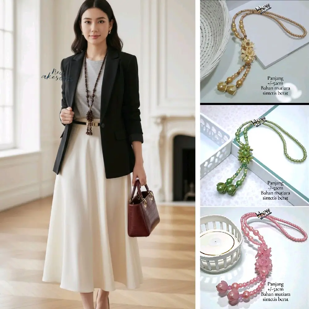 New uksearoris Kalung Mutiara Sintetis Panjang 50cm Elegan untuk Hijab Perempuan Bunga Desain Mewah dan Simple Cocok untuk Berbagai Acara Wanita