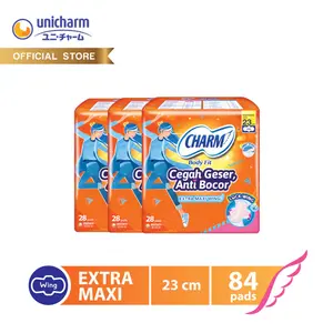 [3 PACK] Charm Pembalut Body Fit Extra Maxi 23cm Wing 28 pads - 84