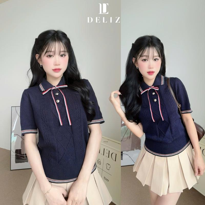 DELIZ - Áo len nữ cộc tay phối cổ polo thắt nơ tiểu thư len lông thỏ cao cấp PL39