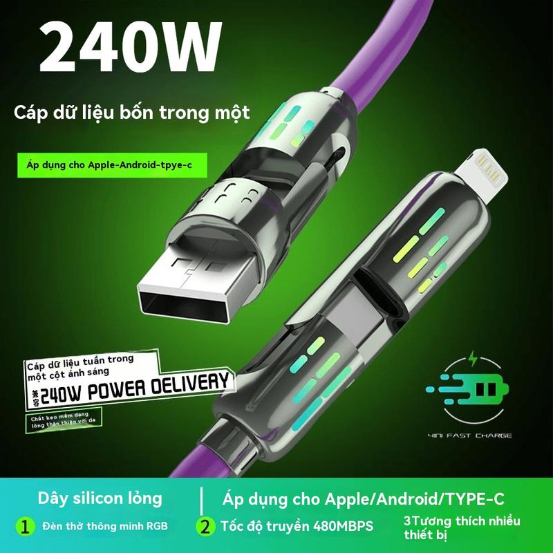 Cáp Dữ Liệu Bốn Trong Một Trụ Đèn, Sạc Nhanh PD, 240w, Type-c Silicone Lỏng, Có Thể Sử Dụng Trên Ô Tô, Chiều Dài 2 Mét, Phát Hành Mới Năm 2024