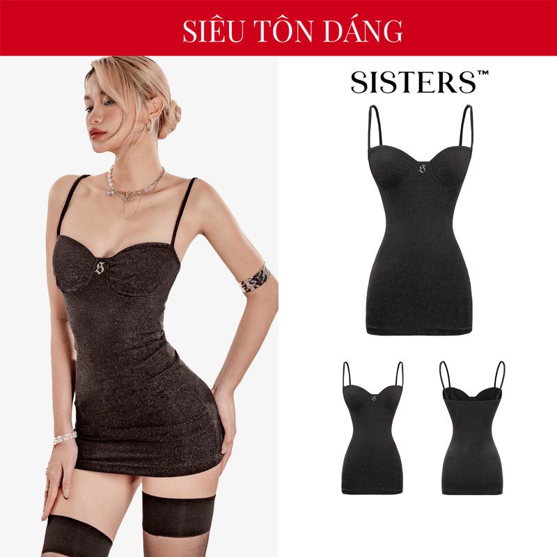  Đầm body ngắn 2 dây ánh kim SISTERS dáng cúp ngực logo inox sang trọng có lót thun trong màu đen quyến rũ Nadia | SS-D54 