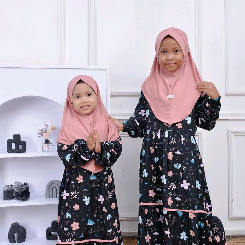 set gamis & hijab anak Bunga Katun Muslim Dress Panjang Baju Motif 7
