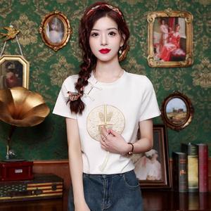 Chinese Retro Cheongsam-style Pearl Flower Embroidery Button Short-sleeved T-shirt for Women