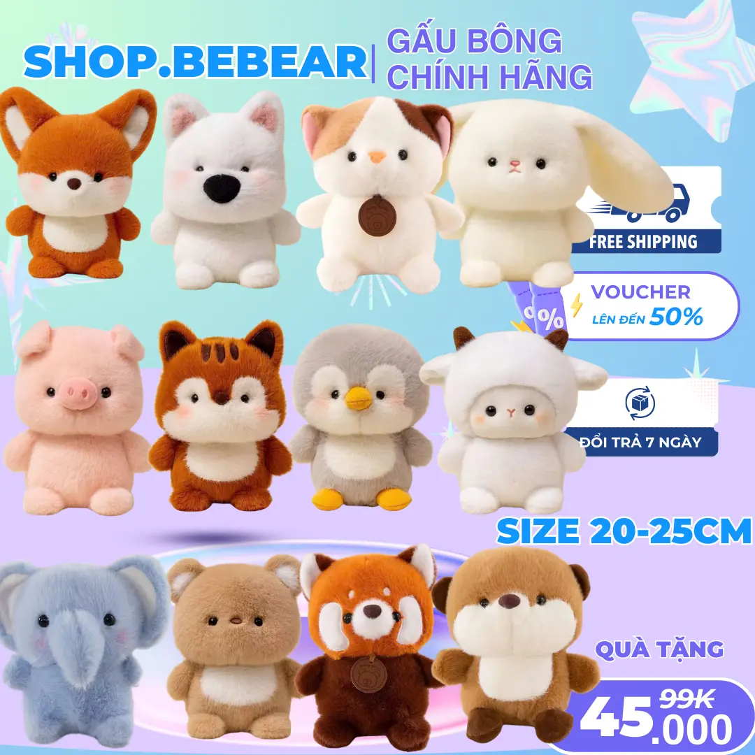 Gấu Bông mini các loại động vật heo, gà, voi, cáo, thỏ... nhỏ dễ thương làm quà tặng búp bê đồ chơi thú nhồi bông kích thước 20-25cm