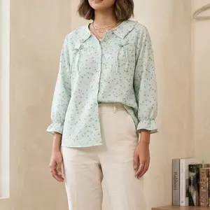 Blus Wanita Polkadot Hijau Muda dengan Lengan Panjang dan Kancing Depan