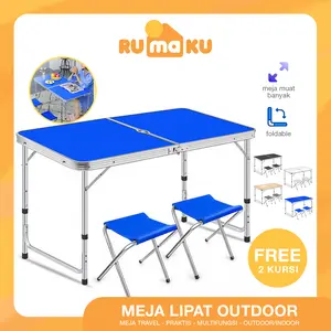 RUMAKU Meja Jualan Lipat Portable Serbaguna Lubang Tengah Payung Tenda Outdoor Camping Free 2 Kursi