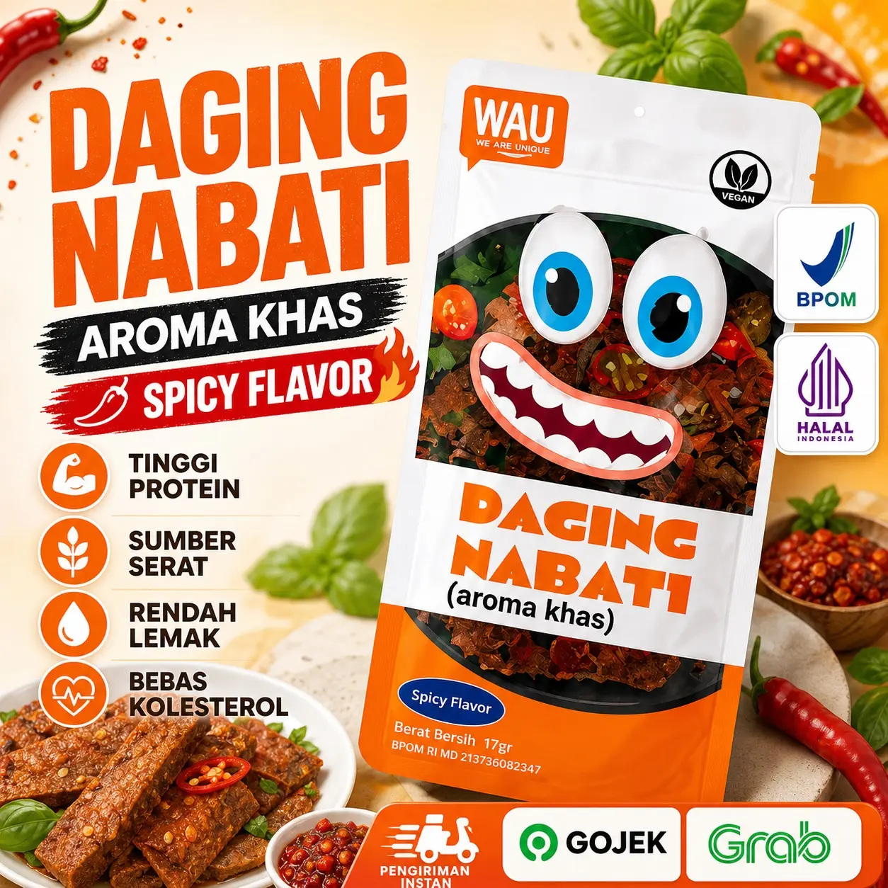 WAU Daging Nabati makanan jajanan snack cemilan jajan viral Spicy Flavor Camilan Nabati Pedas Gurih Siap Santap, Cocok Teman Nasi & Bekal makanan snack cemilan Halal BPOM Lauk
