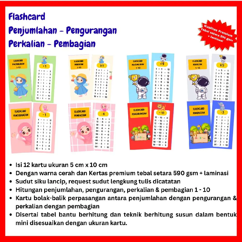 Flashcard Hitung Perkalian - Pembagian & Penjumlahan - Pengurangan