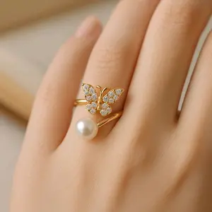 Cincin Xuping All Size wanita motif kupu-kupu mutiara putih aesthetic