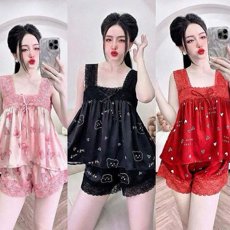 Sét Bộ Đùi Lụa Xước 2 dây ren bảng to cổ vuông áo croptop nhiều hoạ tiết sezie 1 40-56 kg
