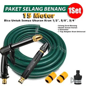VILO - Paketan Universal 15 Meter Selang Semprotan Air Semprot Cuci Motor Mobil Siram Taman Benang Hijau Komplit Tinggal Pasang Cocok Untuk Semua Kran Selang Air Serat Benang
