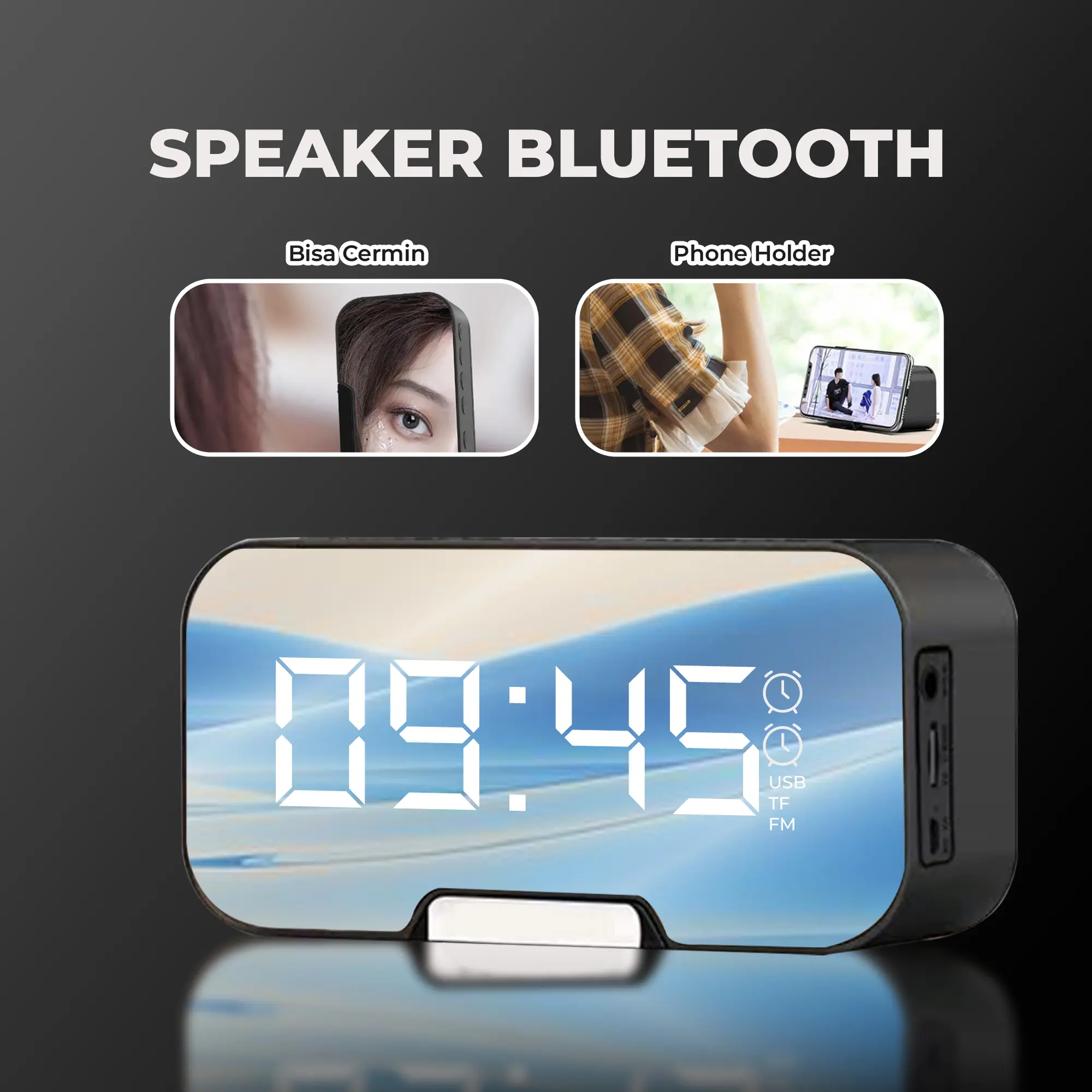 Speaker Bluetooth Cermin Alarm LED Ultra Bass Multifungsi Portable  - S10