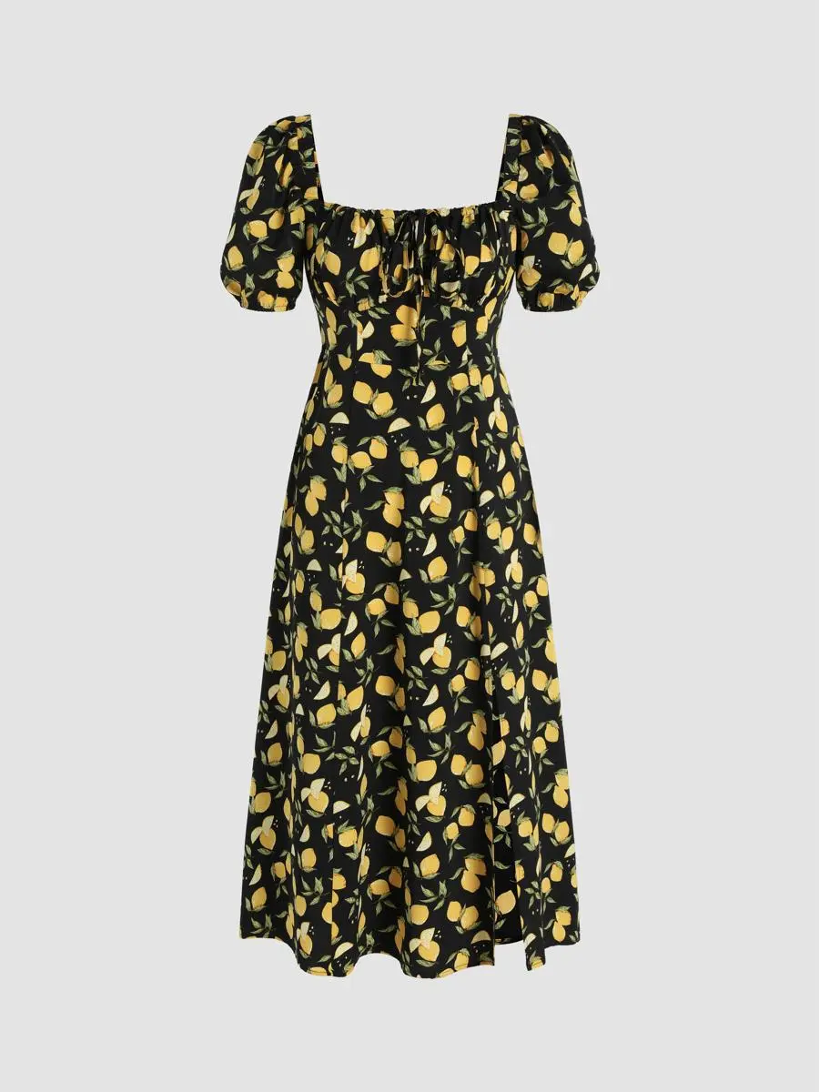 Cider Lemon A-Line Dress with Adjustable Bust & Detachable Puff Sleeves, Plus Size Lightweight Spring-Summer Dresses, Cute Shirred Midi with Stretchy Back Panel
