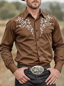 Camisa de cuello de banda para hombre, estilo occidental, diseño estampado, corte ajustado, manga larga, frente con botones, ropa casual y formal
