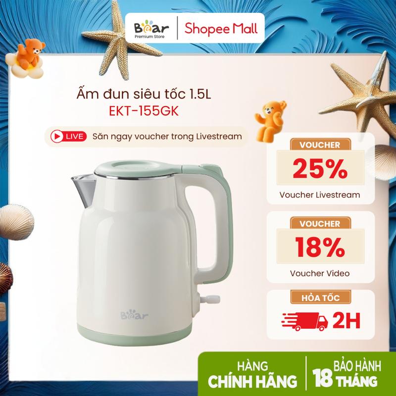 Ấm đun siêu tốc inox 304 1.5L 1500W đun nước nhanh an toàn tiện dụng