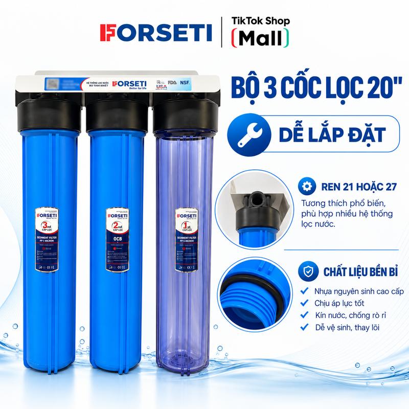 Forseti Bộ Lọc Thô Đầu Nguồn Bán Công Nghiệp 20 inch Lắp sẵn Đã Bao Gồm 3 Lõi Lọc Gông Tháo Cốc Lọc PP 5 Micron Cation & UD Phù Hợp Nước Cứng Đá Vôi Nhiều Cặn Canxi