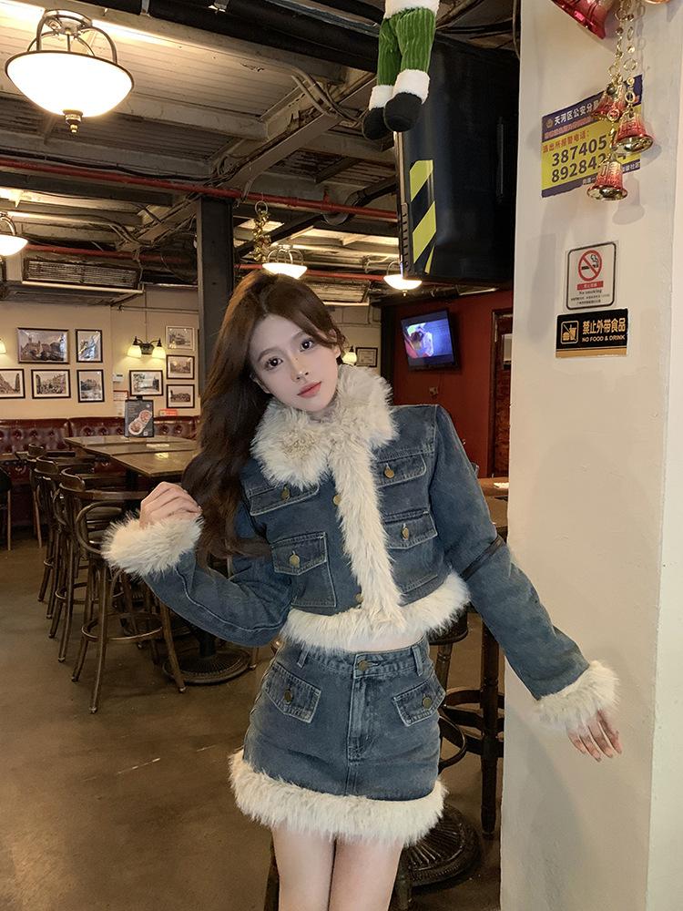 Product Introduction of Fujia Qianjin-Áo Khoác Denim Chần Bông Dày Lót Lông Cừu Cho Nữ, Váy Cạp Cao, Trang Phục Thời Trang Mới Mùa Đông 2023 18