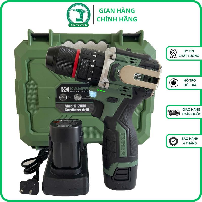 Máy Khoan Pin KAMPRO 10Li - 3 Chức Năng - Bộ 2 Pin 4CEll Sạc - Không Chổi Than