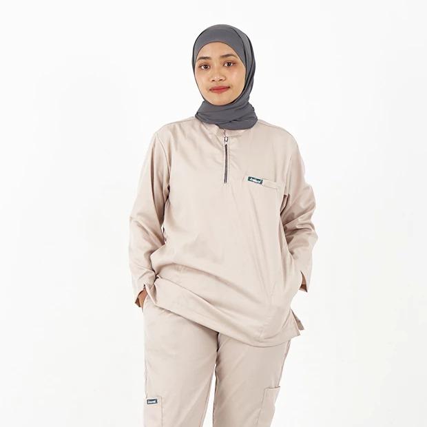 LINCURT - [BIG SIZE] Doctor Scrub's Set Baju OK Lengan 7/8 - Panjang - Pendek series 'Veera' Mandarin Collar Zipper Cargo Pants - Orchid, 3 XL | Lengan 7/8