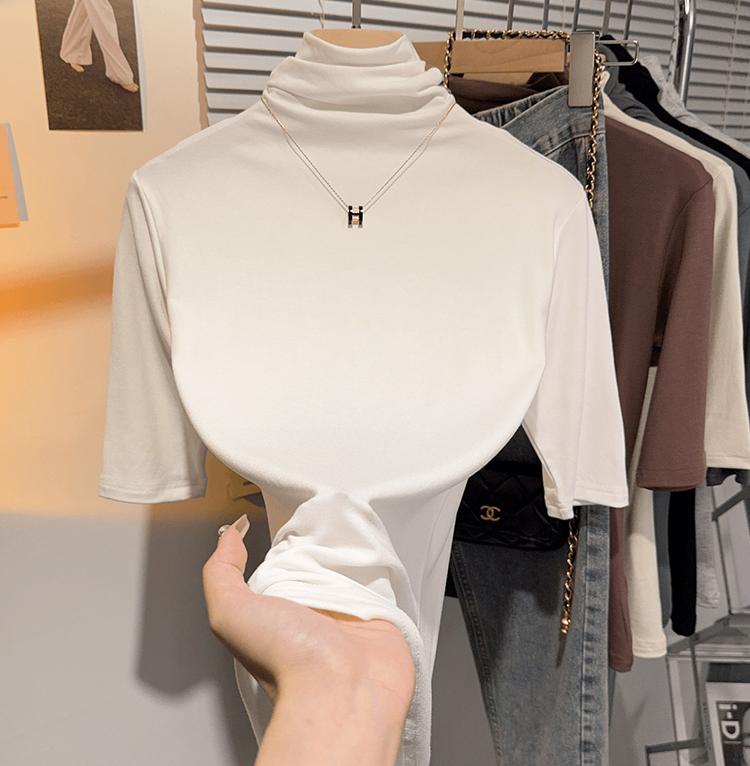 Product Introduction of Shoulder-length black half-high neck mid-sleeve t-shirt women's pre-fall 2024 undershirt with five-quarter sleeve top 3
