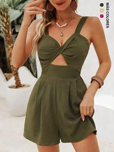 Mono sólido de color para mujer / Mono estampado de rayas con recorte, Mono casual de moda para verano, Ropa de mujer para vacaciones en la playa