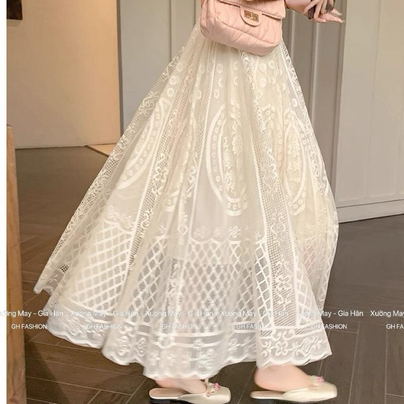 Chân Váy Chất Ren Dáng Dài Hoạ Tiết Caro Dệt Kim Nổi 2 lớp lót lụa xoè rộng phối lưng thun bọc vải 90cm mặc đi tiệc đi chơi đều xinh