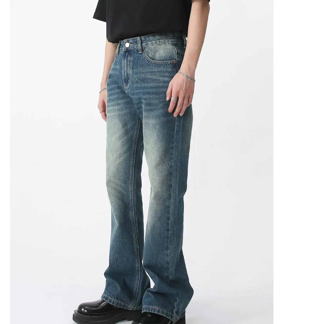 Quần Jean Ống Loe Thẳng Cho Nam, Phong Cách Hàn Quốc, Hợp Thời Trang, Độc Đáo, Hơi Menswear Pants Cotton Có Túi