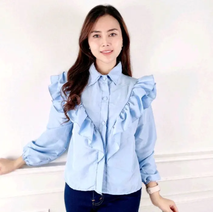 Pakaian wanita atasan kemeja Blouse  Baju Casual cewek lengan panjang  Katun Dewasa