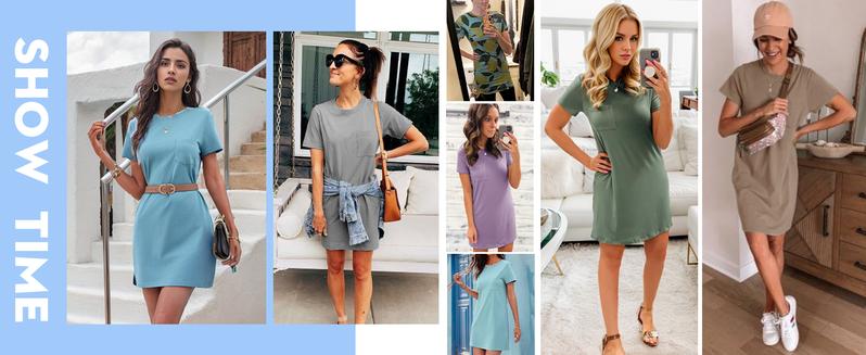 Product Introduction of Fisoew Women T Shirt Dress Summer Fashion Mini Dress Crew Neck Short Sleeve Dress Solid Color Casual Dress with Pocket 16