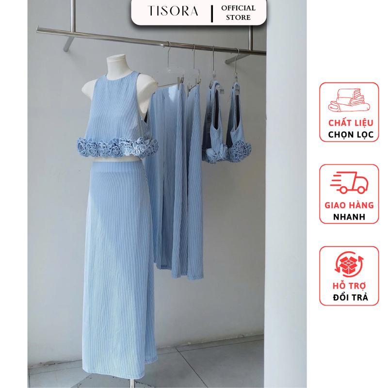 Sét Bộ Áo Crop Top Đính Hoa & Chân Váy Dài Kẻ Sọc 2 Màu: Xanh, Be - Tisora