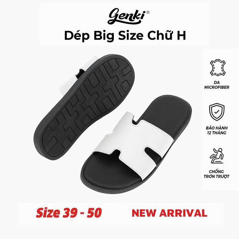 Dép Big Size 39 đến 50 Dép Nam Big Size Chữ H GENKI Màu Trắng Quai Ngang Da Sít Cao Cấp Đế Bằng Cao Su DéP