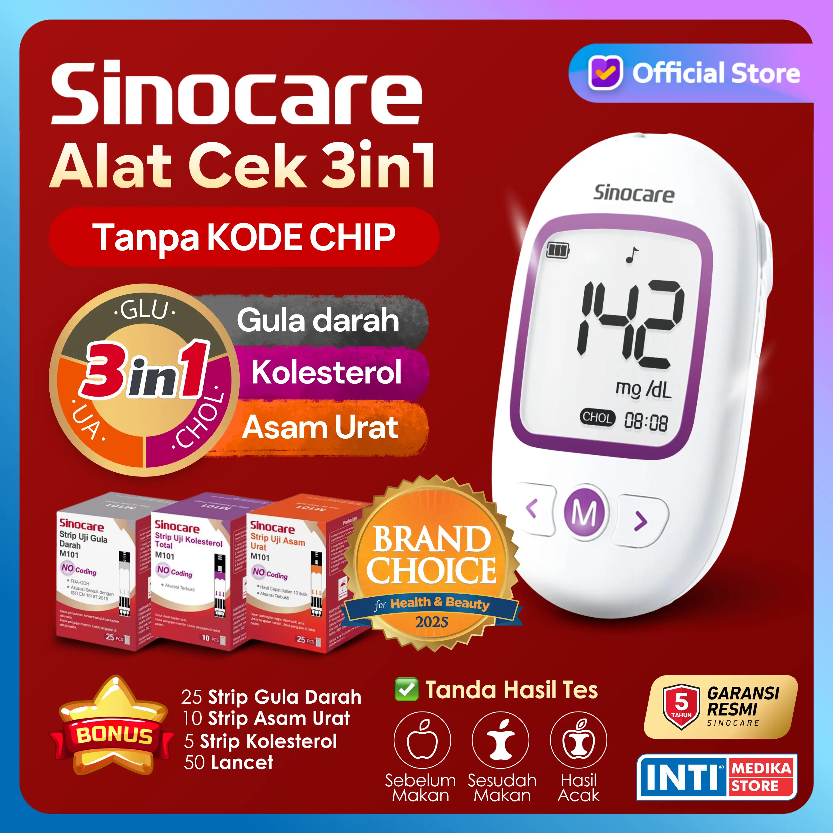 [TEKNOLOGI TERBARU] SINOCARE - Alat Cek 3in1 GCU Gula Darah + Kolesterol + Asam Urat M101 Tanpa Kode Chip | Blood Glucose Cholesterol Uric Acid Multi-Function Monitoring System No Coding