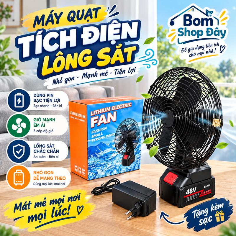 Quạt Tích Điện Lồng Sắt Cánh Sắt Không Xoay , Pin 10 Cell, Sử Dụng Chân Pin Phổ Thông 4cm , 2 Chế Độ Gió Siêu Mát, BH12 tháng