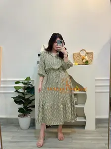 Delivia Midi Dress Genze Rayon Diamond Busui Friendly - Kancing di Dada, Karet Pinggang, Model Melebar Cocok Bumil Wanita Casual