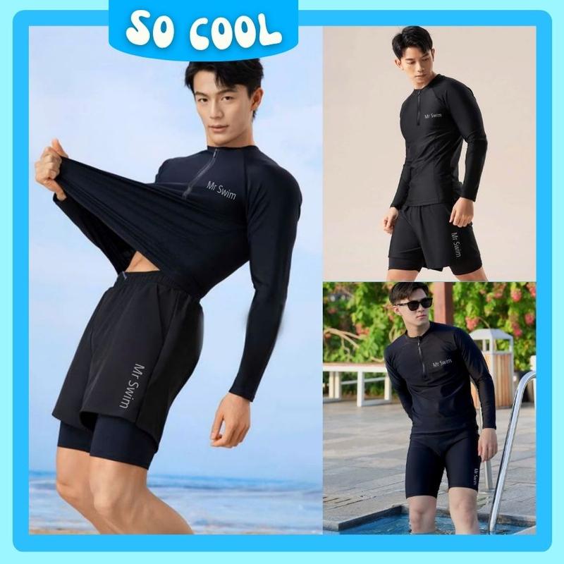 Đồ bơi nam màu đen áo có dây khóa kéo tay dài và ngắn quần 2 lớp kín đáo tắm biển bơi lội chèo sup 002