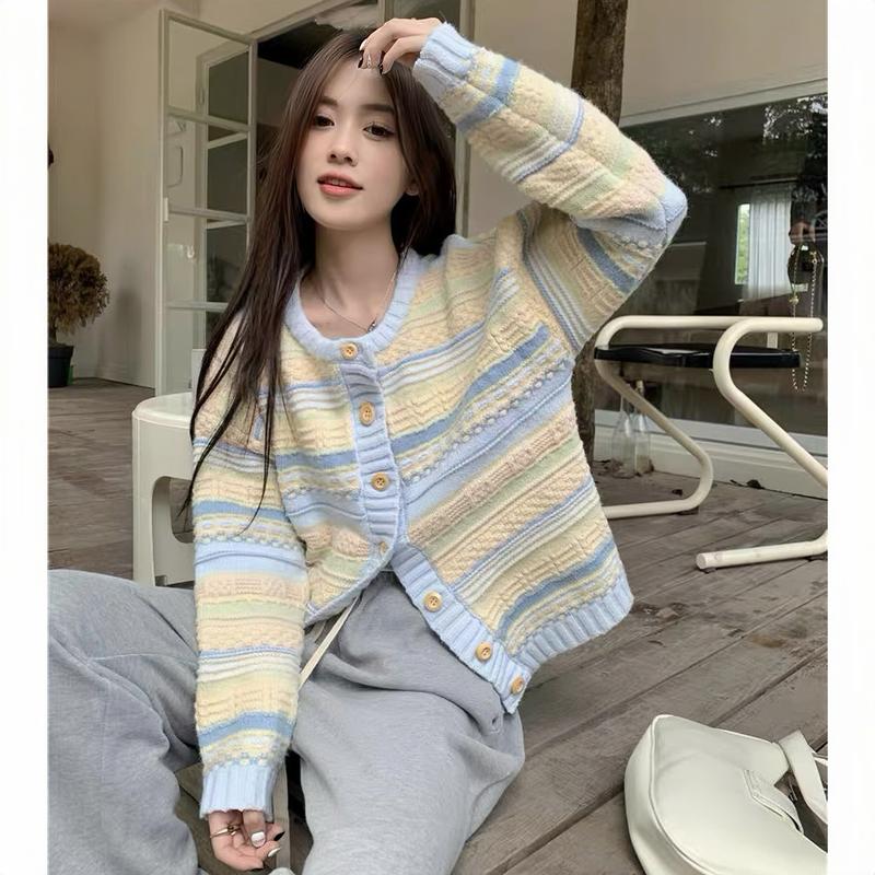   HÀNG QC  Áo len kiểu nữ chất dệt kim họa tiết kẻ sọc dài tay màu pastel xinh xanh hồng Hàn Quốc Kozoda AL159 Women Top 