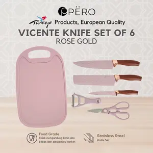 [BEST DEAL] Pero Premium Vicente Knife Set of 6 with Cutting Board / Pisau Set Isi 6pcs dengan Talenan Kayu Lapisan Pisau Anti Lengket