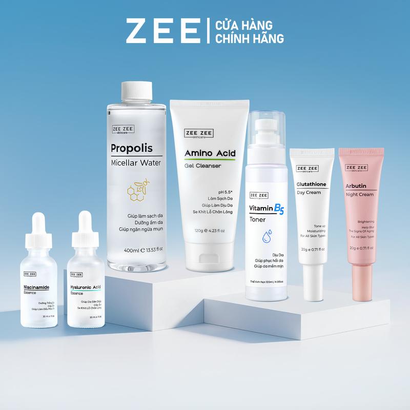 Combo Làm Sạch & Dưỡng Da 7 Sản Phẩm gồm: Tẩy Trang Keo Ong, Gel rửa mặt Amino Acid, Toner Vitamin B5, Tinh chất Hyaluronic - Niacinamide, kem dưỡng ngày Glutathione & kem đêm Arbutin