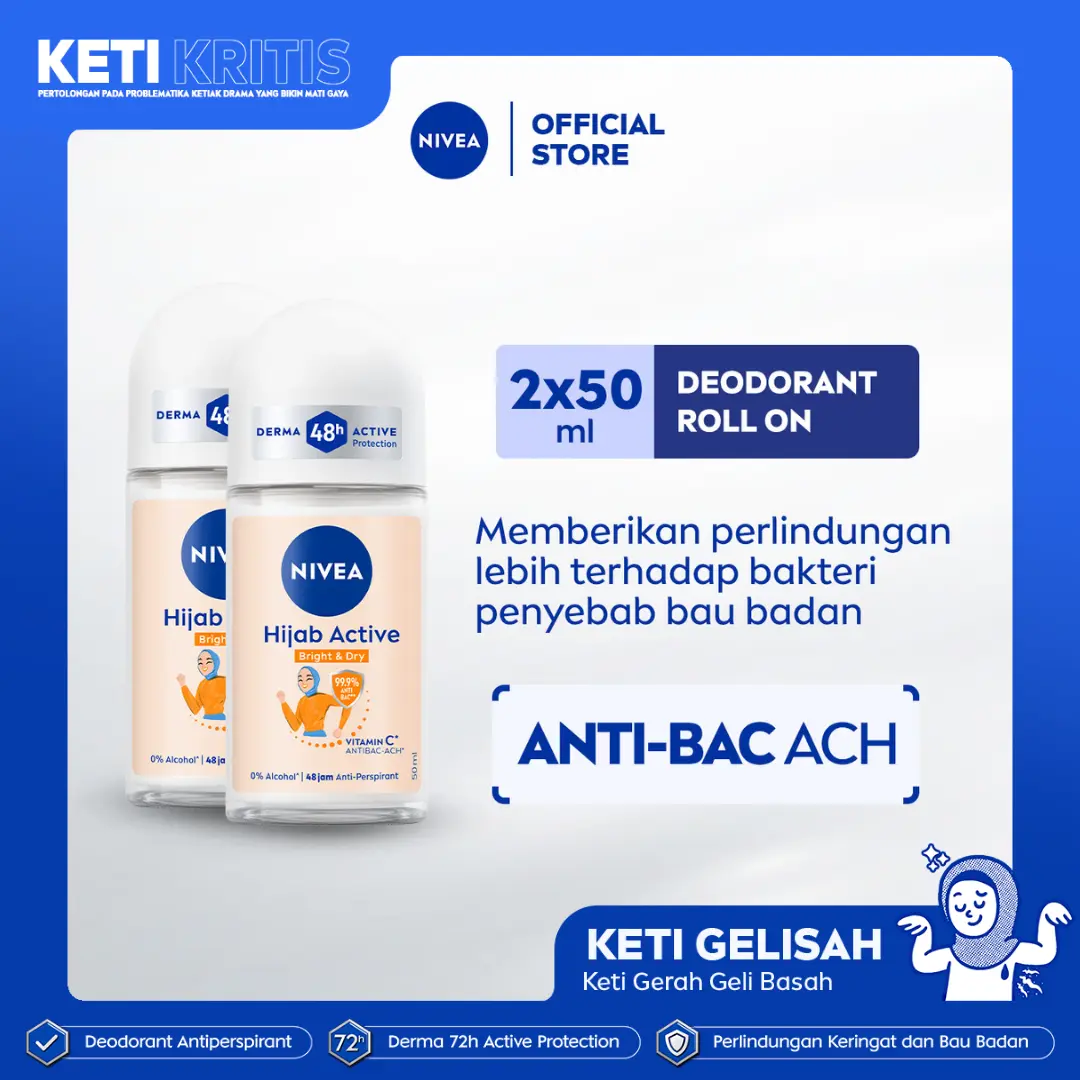(PAKET HEMAT ISI 2) NIVEA Deodorant Antiperspirant Roll On Brightening Anti Bacterial 50ml - Deodoran wanita hijab antiperspirant dan anti bakteri tahan bau keringat badan dengan wangi segar tahan lama - Micro Vitamin C, 0% alkohol cocok untuk semua kulit