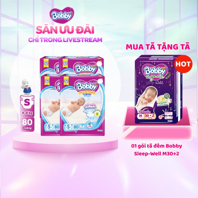   COMBO 4-TẶNG TQ SLEEP-WELL  Bobby Tã bỉm dán S80 M76 L68 XL62 XXL56 Siêu khô thoáng lõi nén cotton-soft cho bé 
